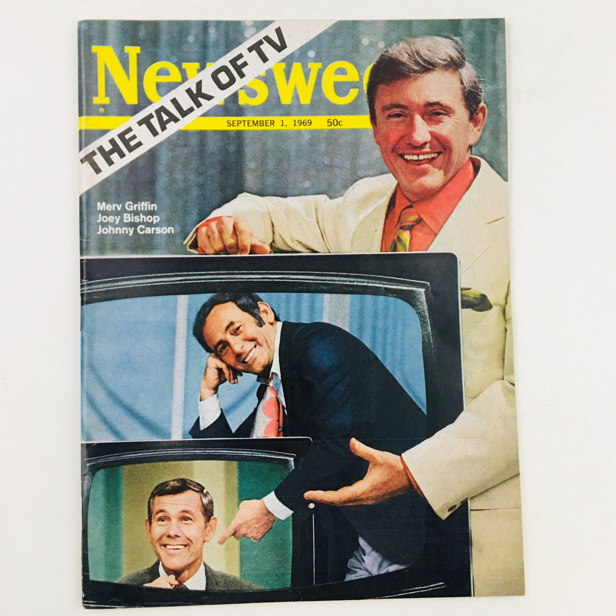 Newsweek Magazine cover from September 1, 1969 featuring Merv Griffin, Joey Bishop, and Johnny Carson. The magazine highlights prominent TV personalities of the era, showcasing their influence in entertainment.