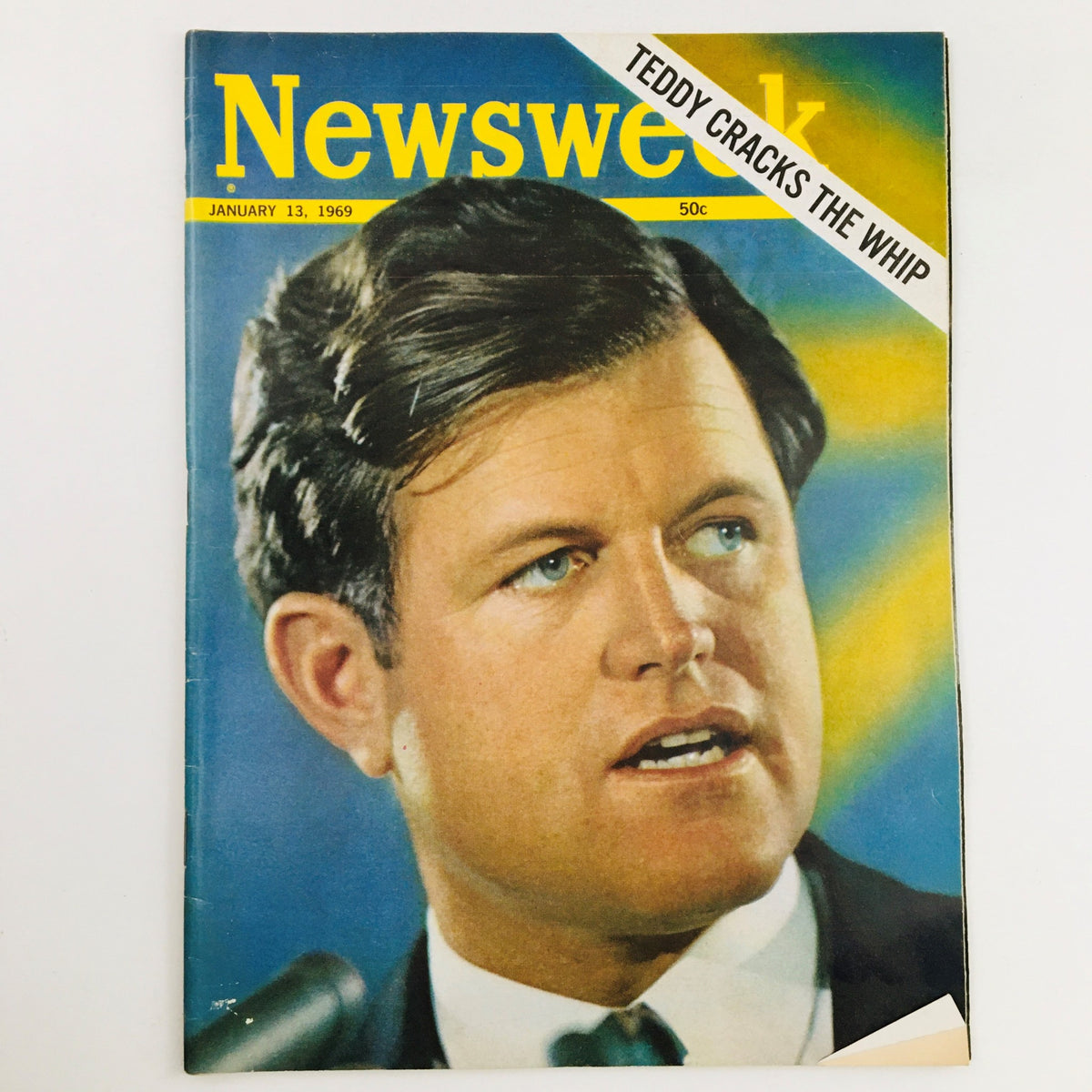 Newsweek Magazine cover from January 13, 1969 featuring the title 'Teddy Kennedy Cracks The Whip', showcasing a portrait of Teddy Kennedy with a blue background, highlighting its vintage appeal.