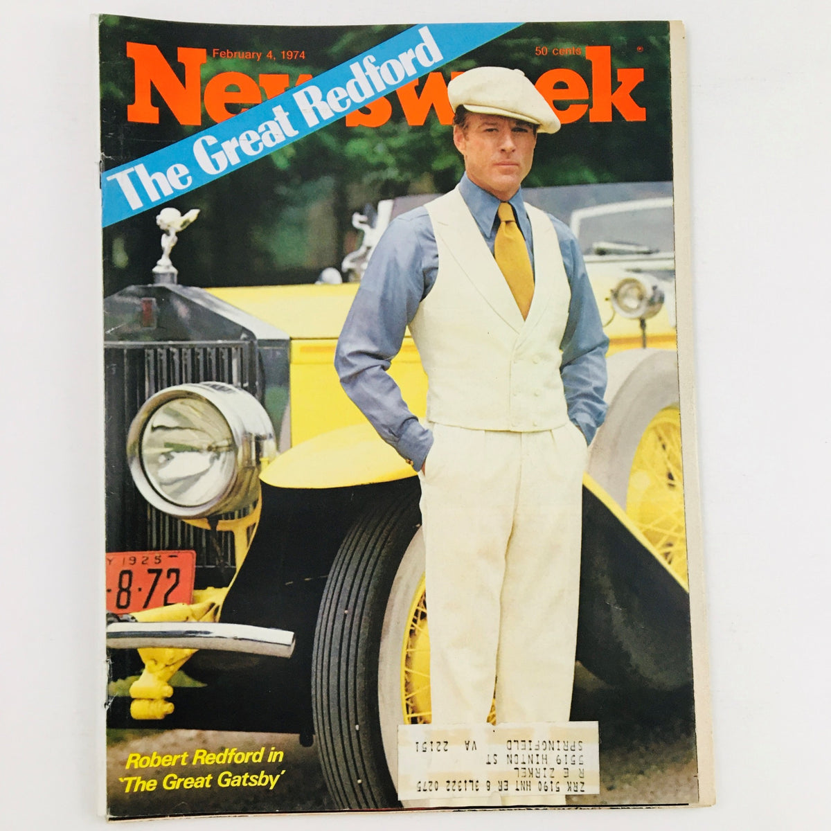Newsweek Magazine February 4, 1974 cover featuring Robert Redford dressed as Jay Gatsby standing next to a vintage yellow car, highlighting the connection between classic cinema and literature.