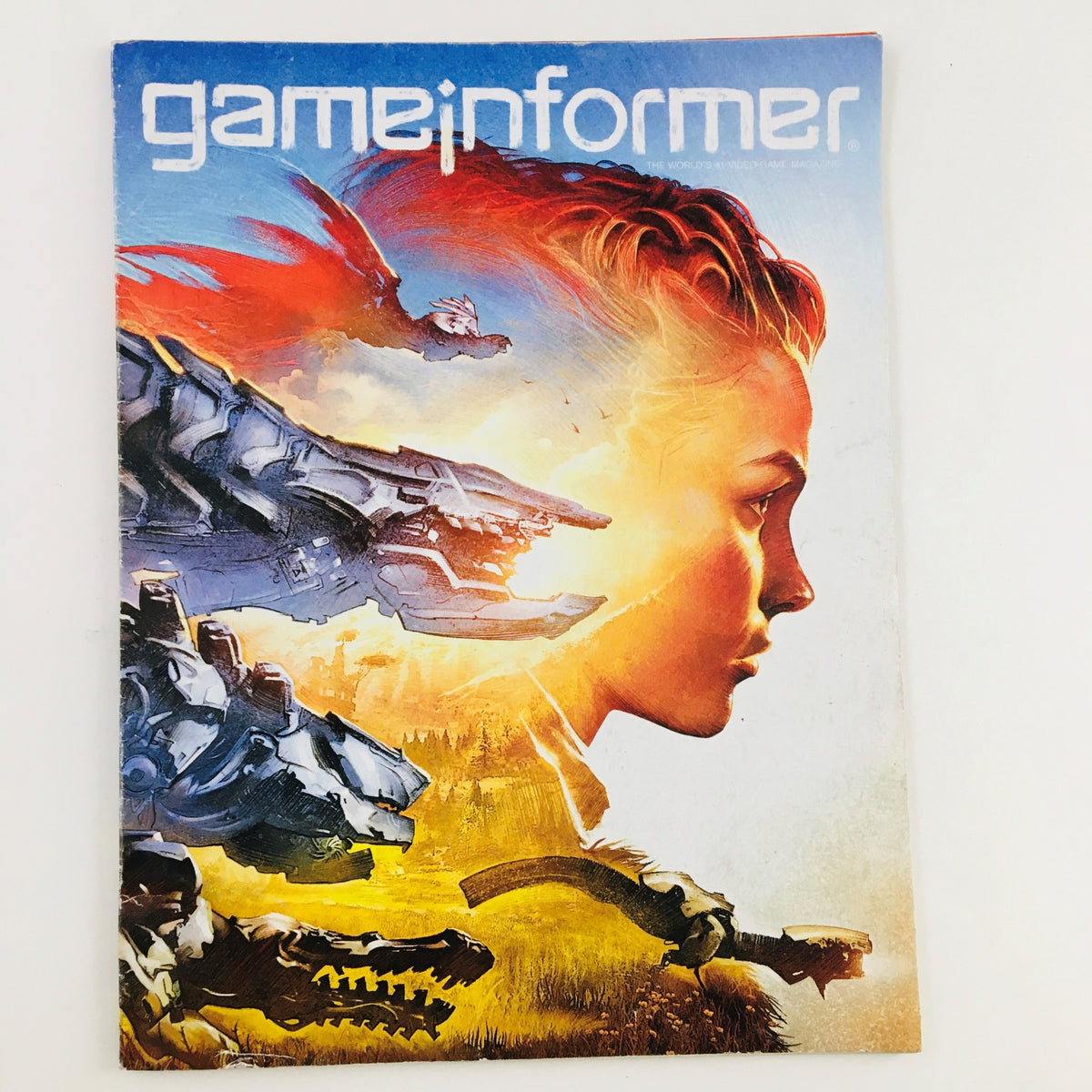 Game Informer Magazine October 2016, Issue #282 featuring stunning artwork of a protagonist with futuristic robotic creatures, highlighting the role-playing game Horizon Zero Dawn.