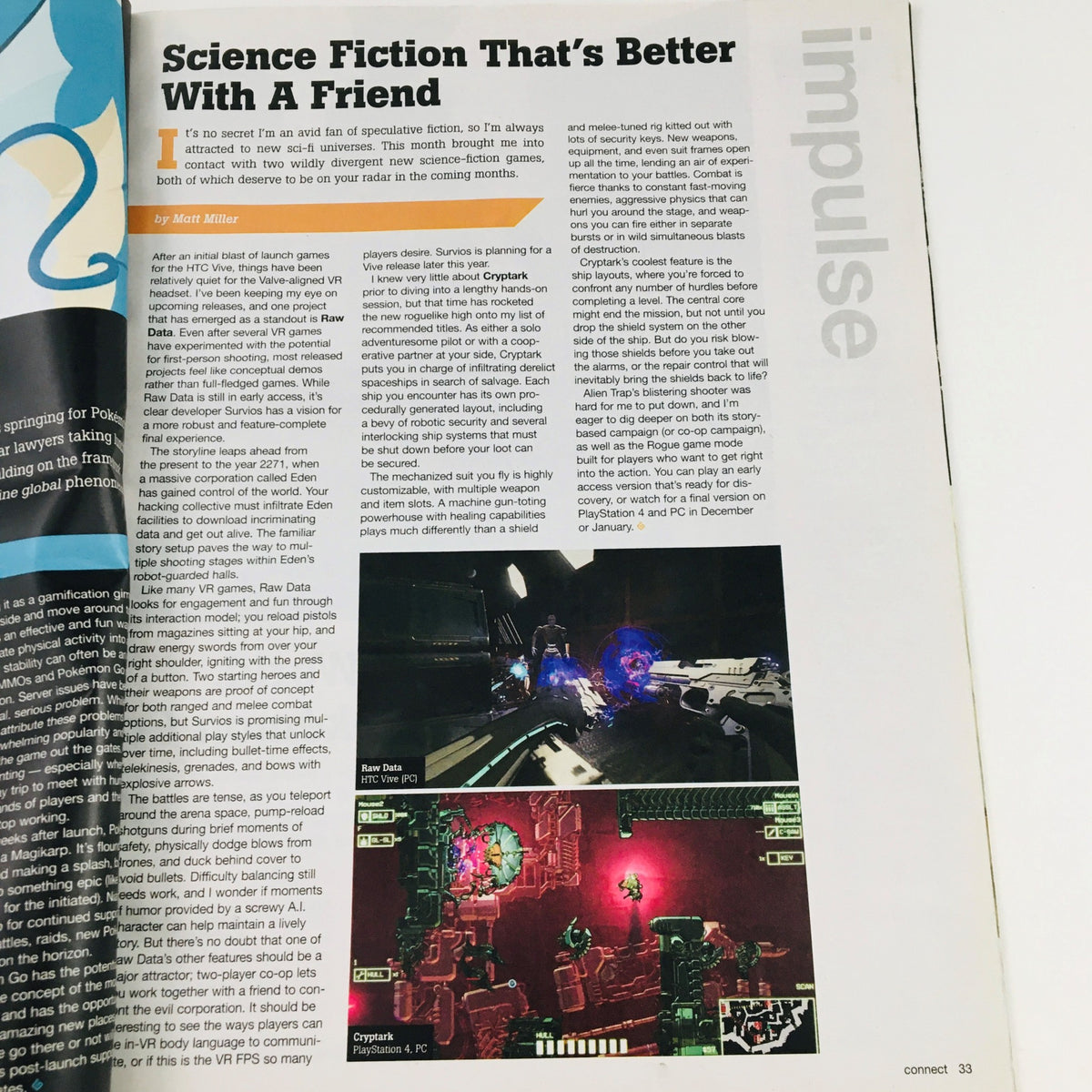 Article page from Game Informer Magazine October 2016, Issue #282 titled 'Science Fiction That's Better With a Friend,' discussing gameplay experiences related to Horizon Zero Dawn.