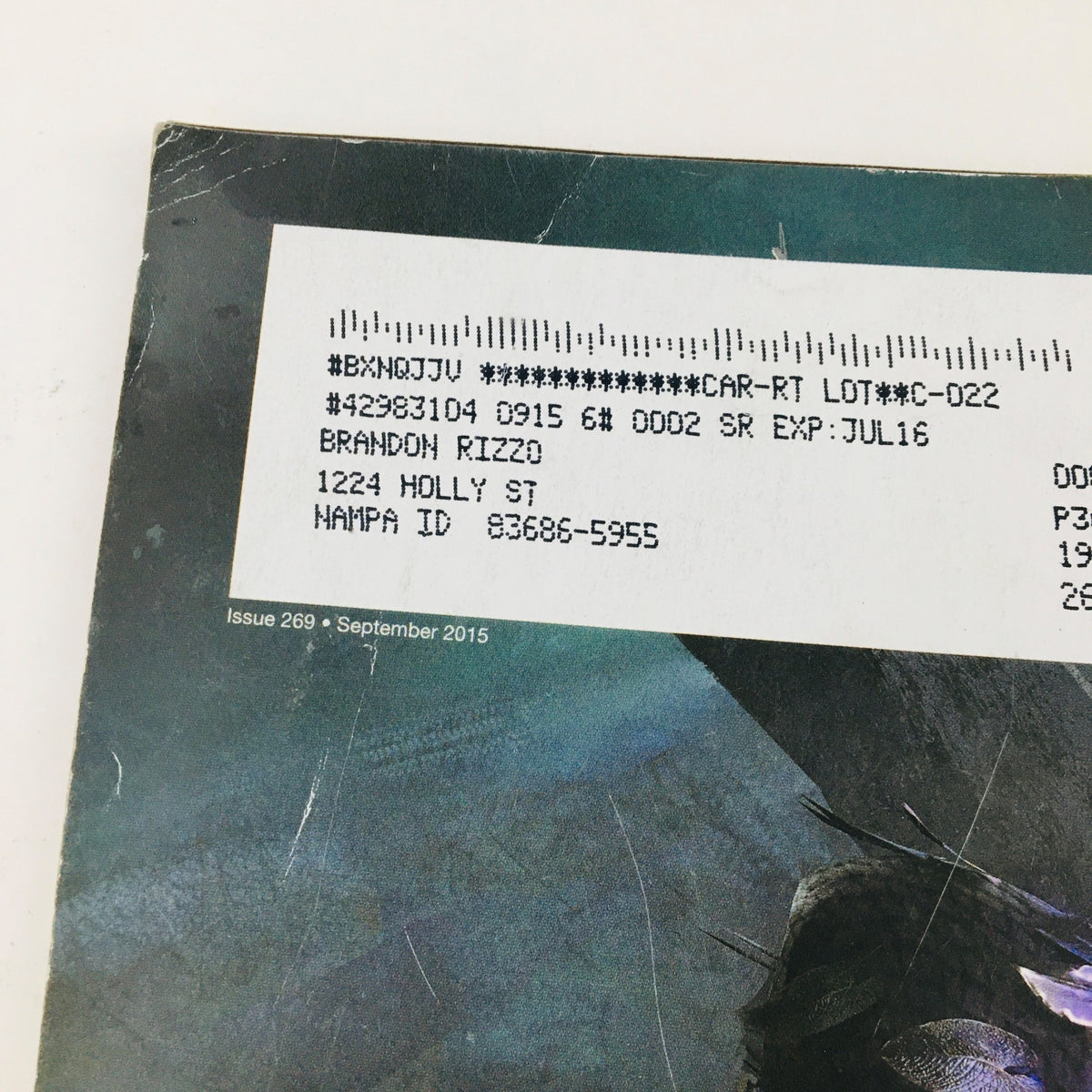Close-up of the back cover details of Game Informer Magazine September 2015 Issue 269, featuring subscription information and contact details visually displayed.