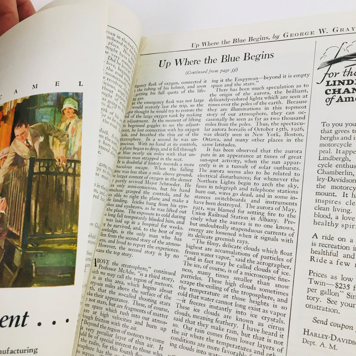 Continuation page from VTG The American Magazine September 1927 including an article 'Up Where the Blue Begins' by George W. Gray with an illustration related to the article's theme.