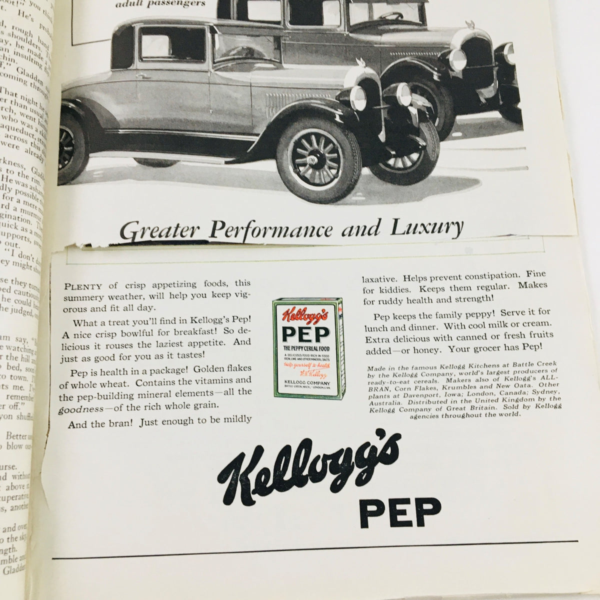 Advertisement from VTG The American Magazine September 1927 for Kellogg's Pep cereal, showcasing a vintage car and promoting the product benefits.