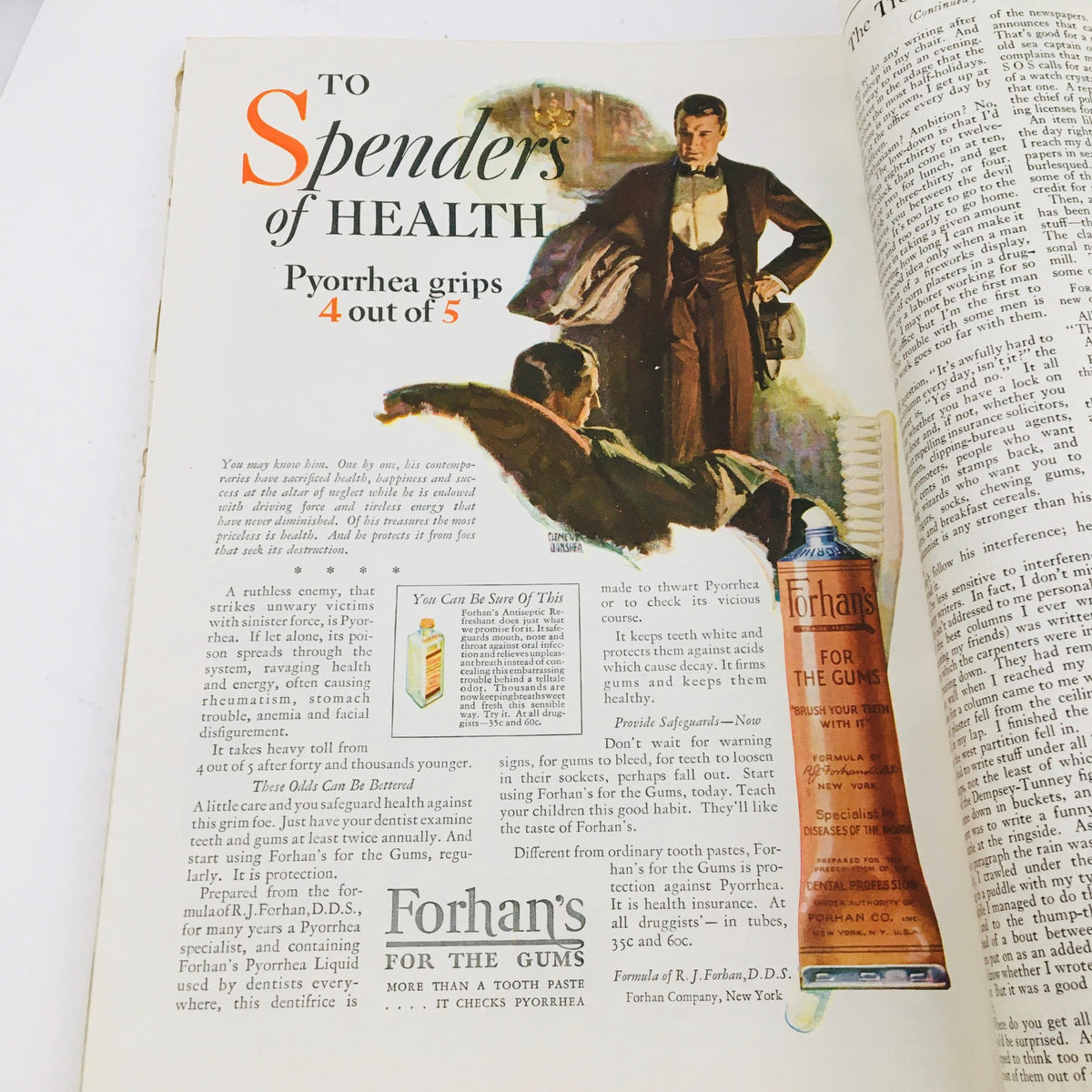 Vintage advertisement from VTG The American Magazine September 1927 showcasing 'To Spenders of Health' with a product review highlighting Pyorrhea grips rated 4 out of 5.