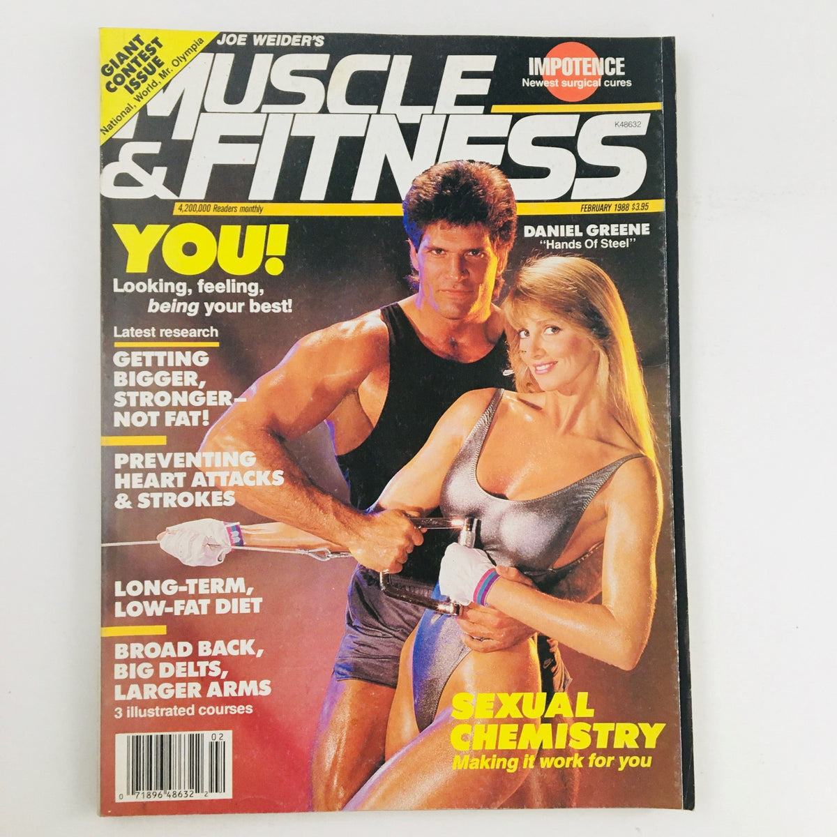 Cover of Muscle & Fitness Magazine from February 1988 featuring athletes Daniel Greene and Gail Smith, showcasing fitness culture of the 1980s with topics on strength training and health.