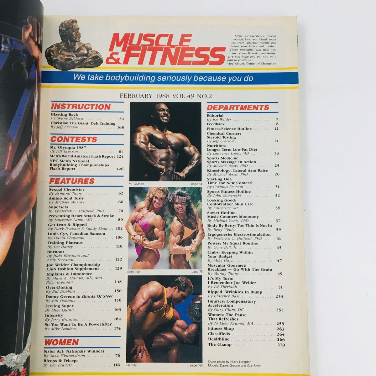Table of contents from Muscle & Fitness Magazine February 1988 featuring prominent sections on bodybuilding, fitness instructions, and contests, with coverage on Mr. Olympia and more.