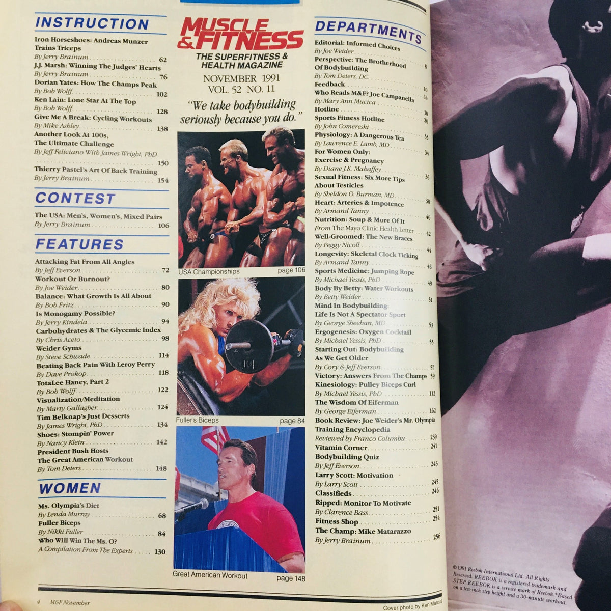 Muscle & Fitness Magazine November 1991 featuring a contents page, showcasing articles, workouts, and highlights including Arnold Schwarzenegger's Great American Workout and USA Championships.