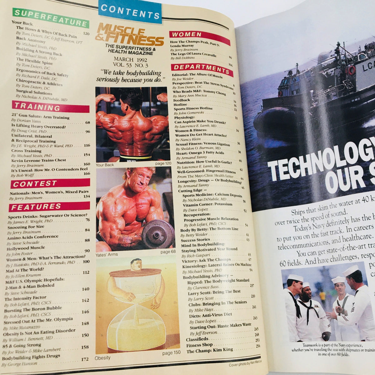 Contents page of Muscle & Fitness Magazine March 1992, listing articles on bodybuilding, health, and fitness topics featuring Rich Gaspari.