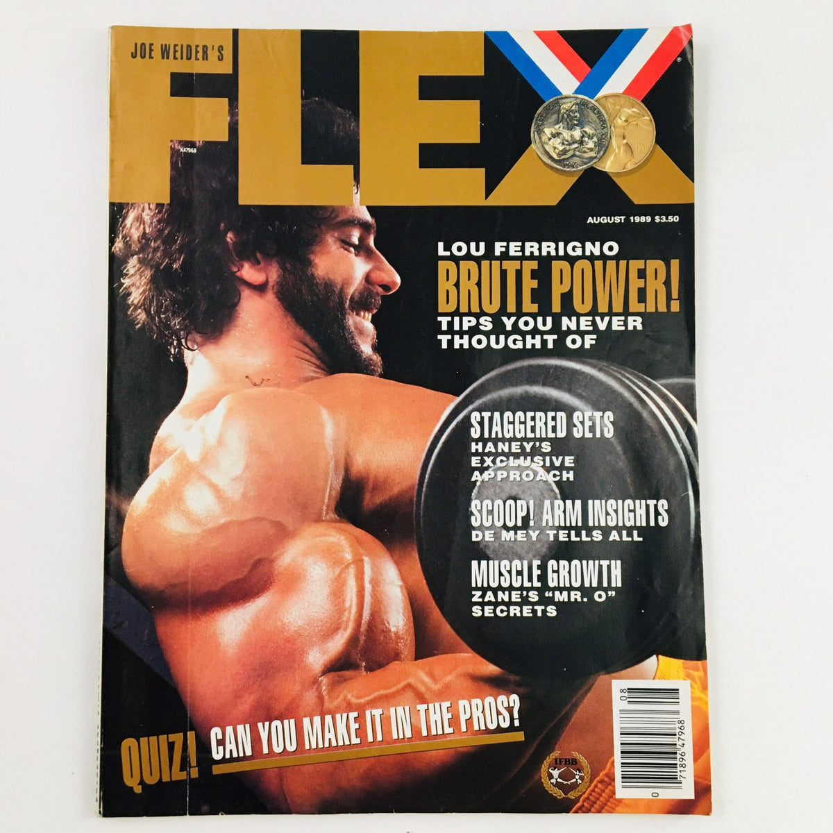 Joe Weider's Flex Magazine August 1989 featuring Lou Ferrigno on the cover, showcasing fitness tips and bodybuilding insights.