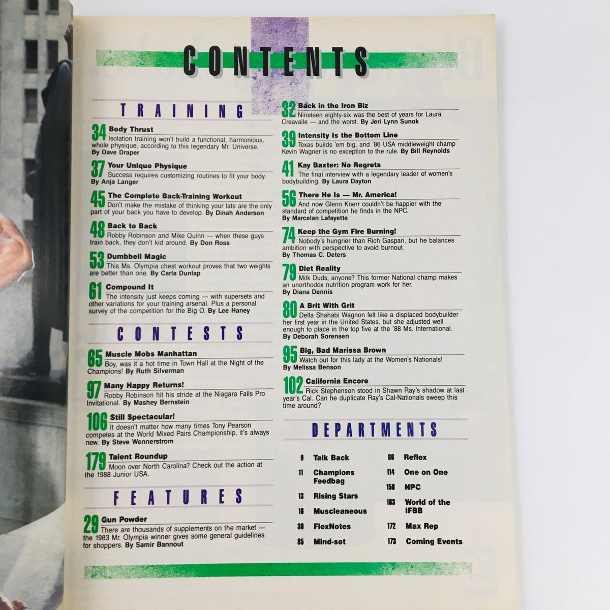 Table of contents page from Joe Weider's Flex Magazine, October 1988, detailing articles and sections about training, contests, and features relevant to bodybuilding enthusiasts.