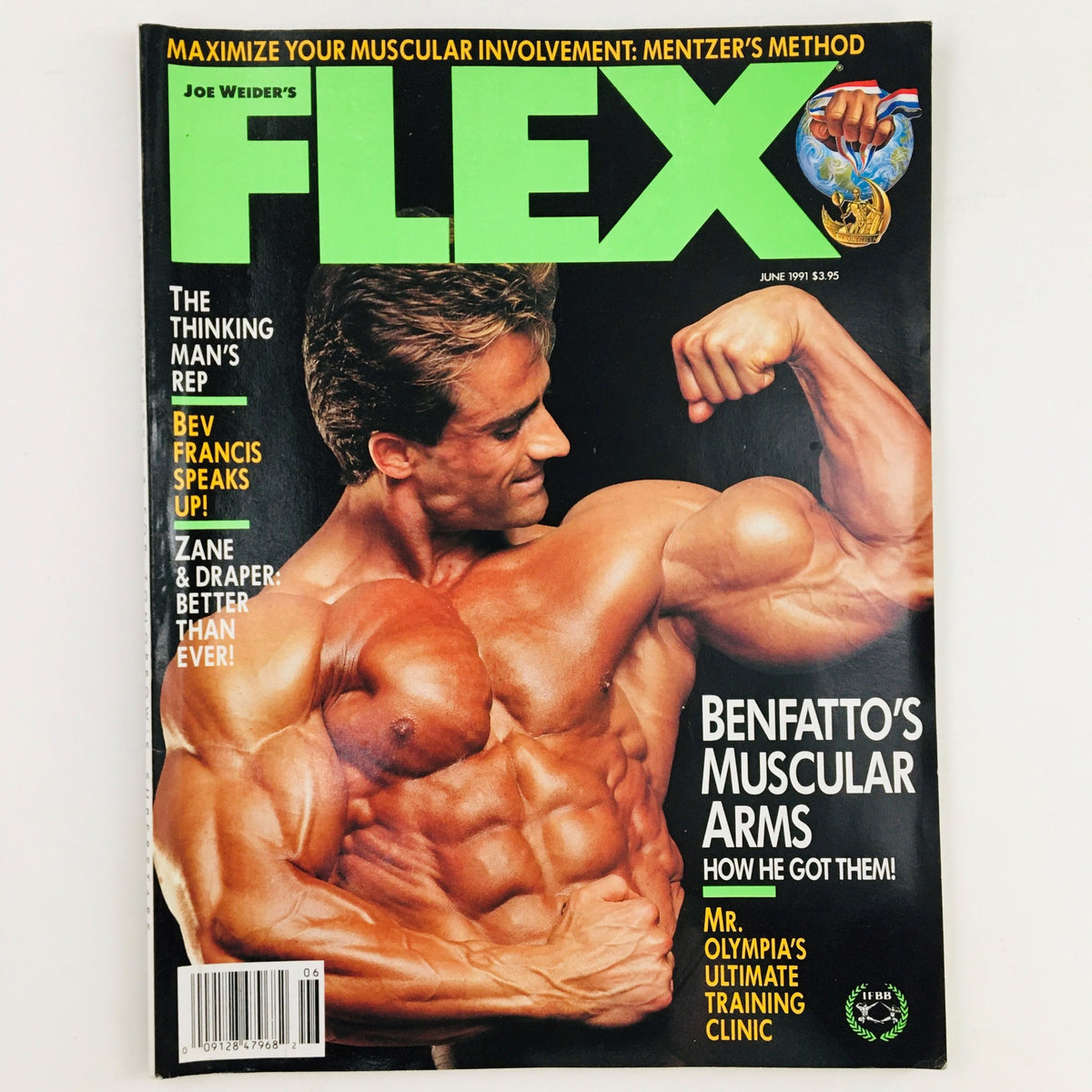 Joe Weider's Flex Magazine June 1991 featuring bodybuilder Francis Benfatto flexing his muscular arms on the cover, showcasing bodybuilding excellence from the early 90s.