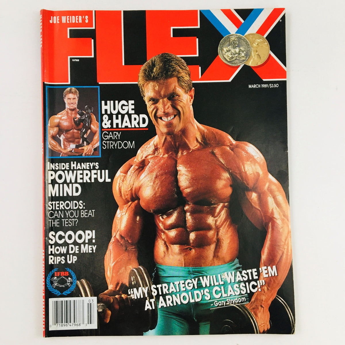 Cover of Joe Weider's Flex Magazine March 1989 featuring bodybuilder Gary Strydom displaying impressive physique and holding weights, with header text 'HUGE & HARD' and notable medal awards.