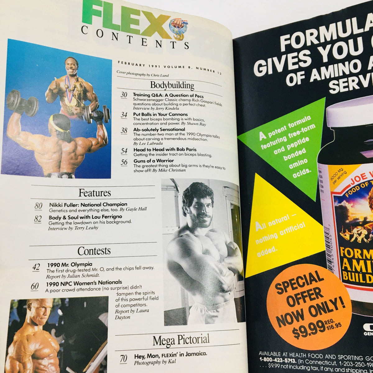 Contents page of Joe Weider's Flex Magazine February 1991, listing articles and features. Highlights include Lee Haney and notable bodybuilding insights, contributing to the culture of fitness in the 90s.
