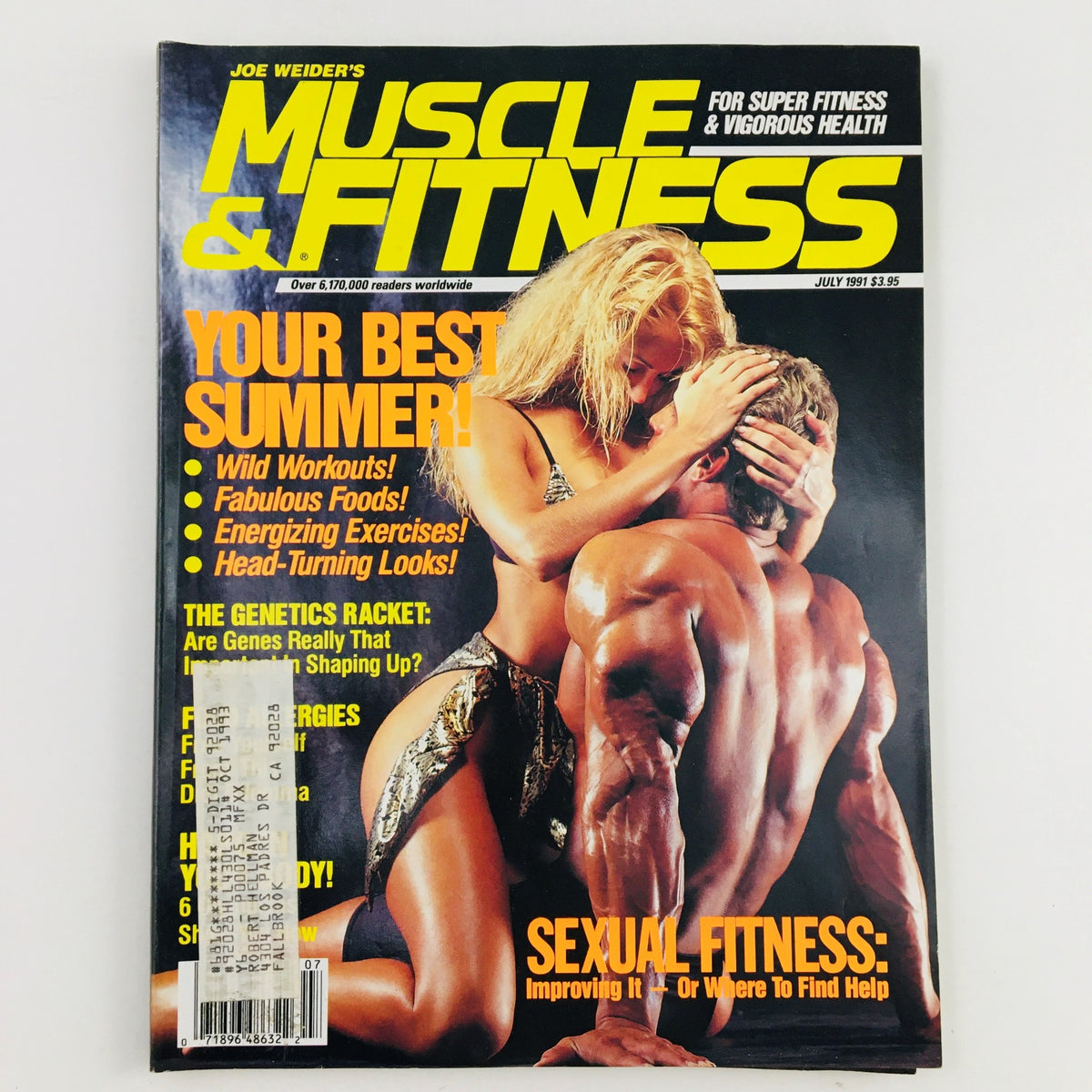 Cover of Muscle & Fitness Magazine July 1991 featuring a powerful image of a fitness model and bodybuilder, showcasing the essence of 90s fitness culture.