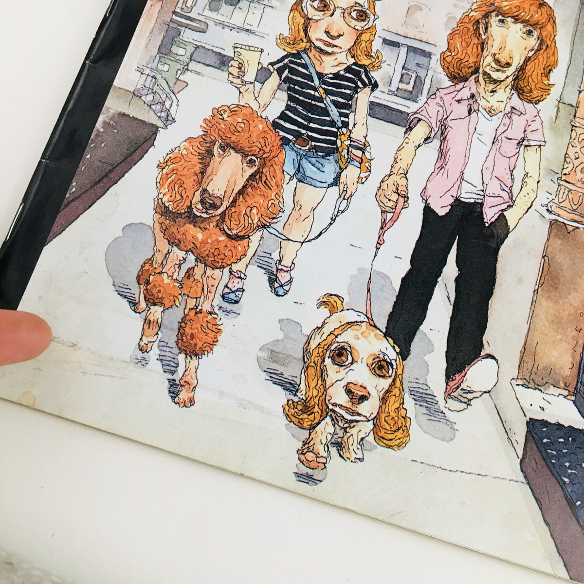 Close-up view of the cover illustration from The New Yorker Magazine June 27 2011, showcasing the detailed artwork of two dog owners and their poodles in a charming urban landscape.