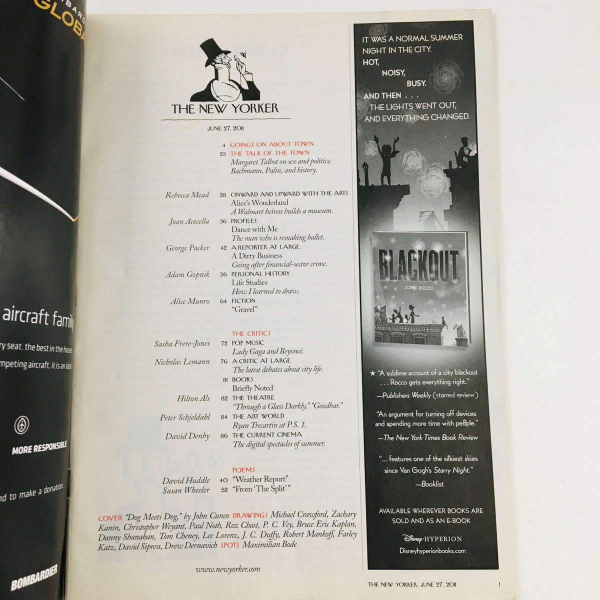 Inside page of The New Yorker Magazine June 27 2011 showing the table of contents and an advertisement, reflective of the magazine's layout and style.