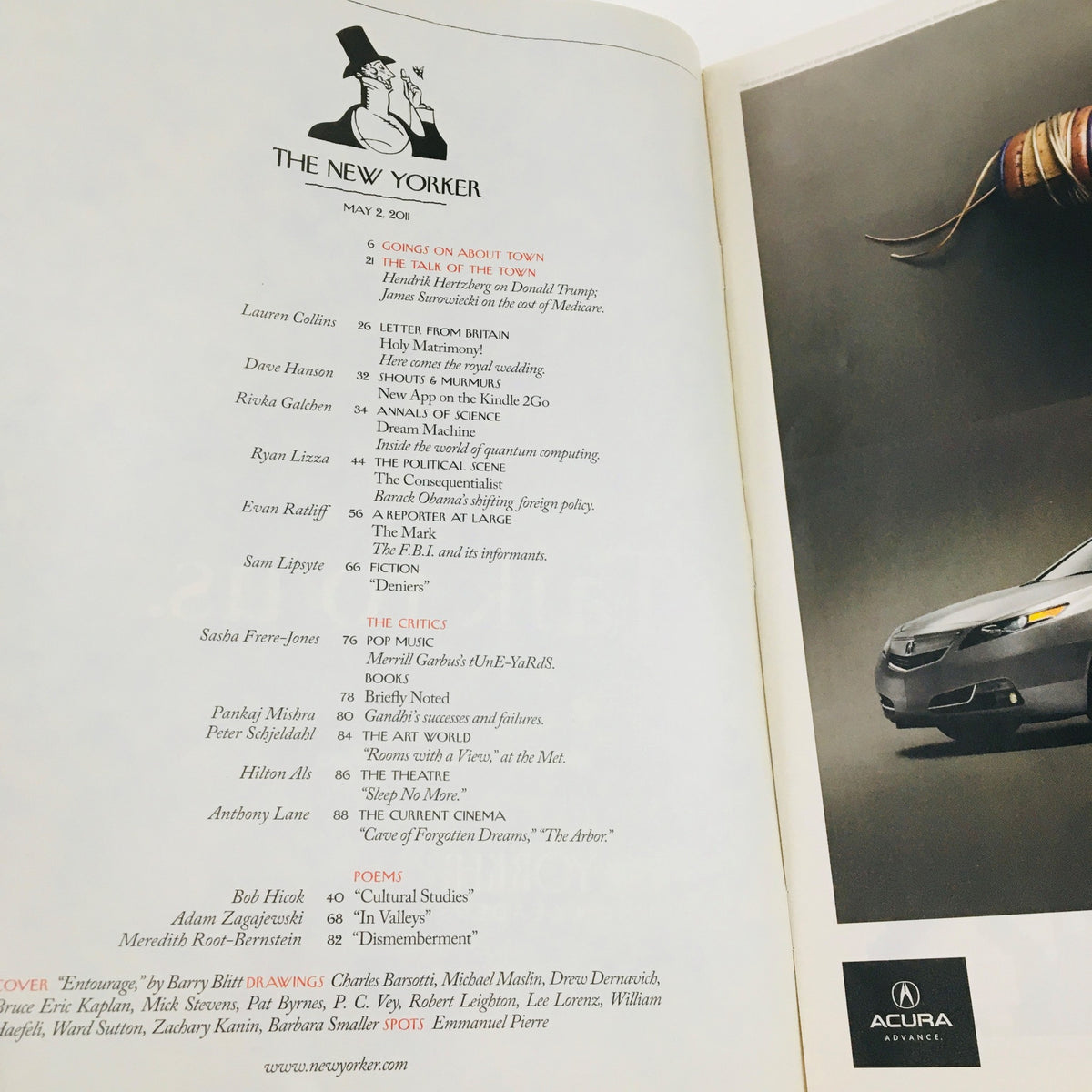 Inside page of The New Yorker Magazine May 2, 2011 displaying the table of contents, highlighting various articles and contributors alongside the iconic 'Entourage' theme.