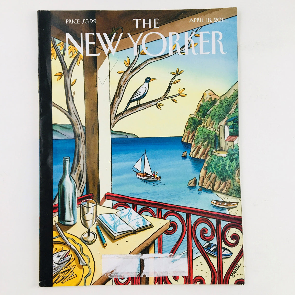 Cover of The New Yorker Magazine, April 18, 2011, featuring vibrant artwork by Jacques de Loustal, depicting a scenic coastal landscape with a bird, boats, and an elegantly set table.