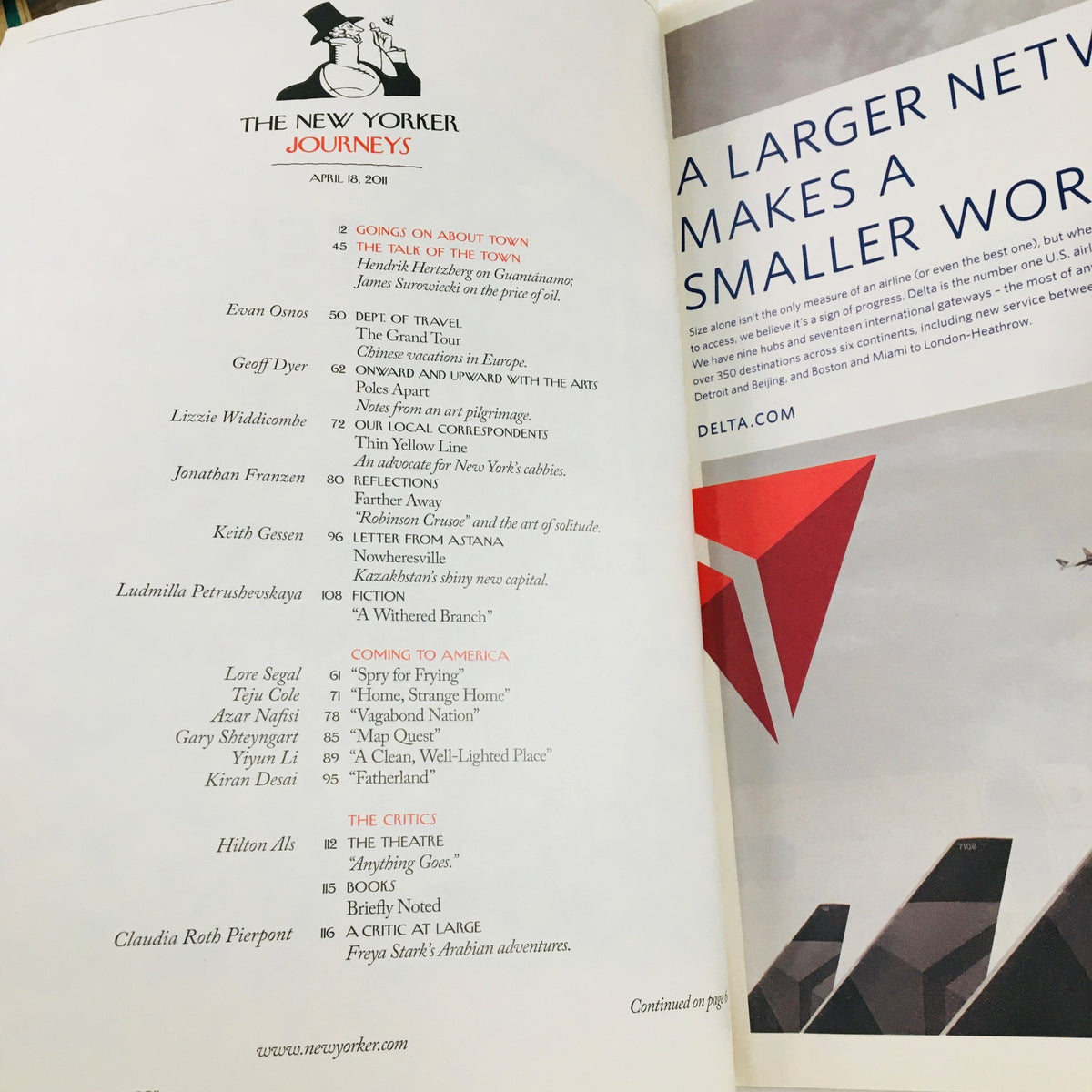 Interior pages of The New Yorker Magazine, April 18, 2011, showcasing the table of contents including articles and features, adding to the literary value of this collectible issue.