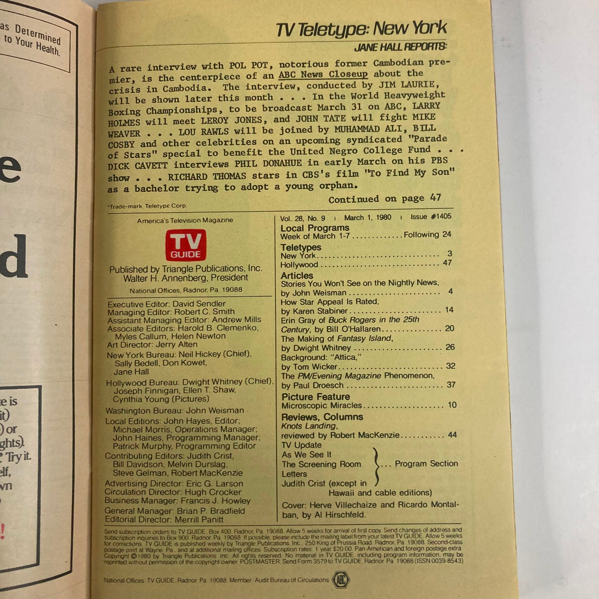 Interior page of TV Guide Magazine March 1 1980 #1405 containing TV teletype details and program listings from the week of March 1-7, showcasing the layout and contents of the magazine.