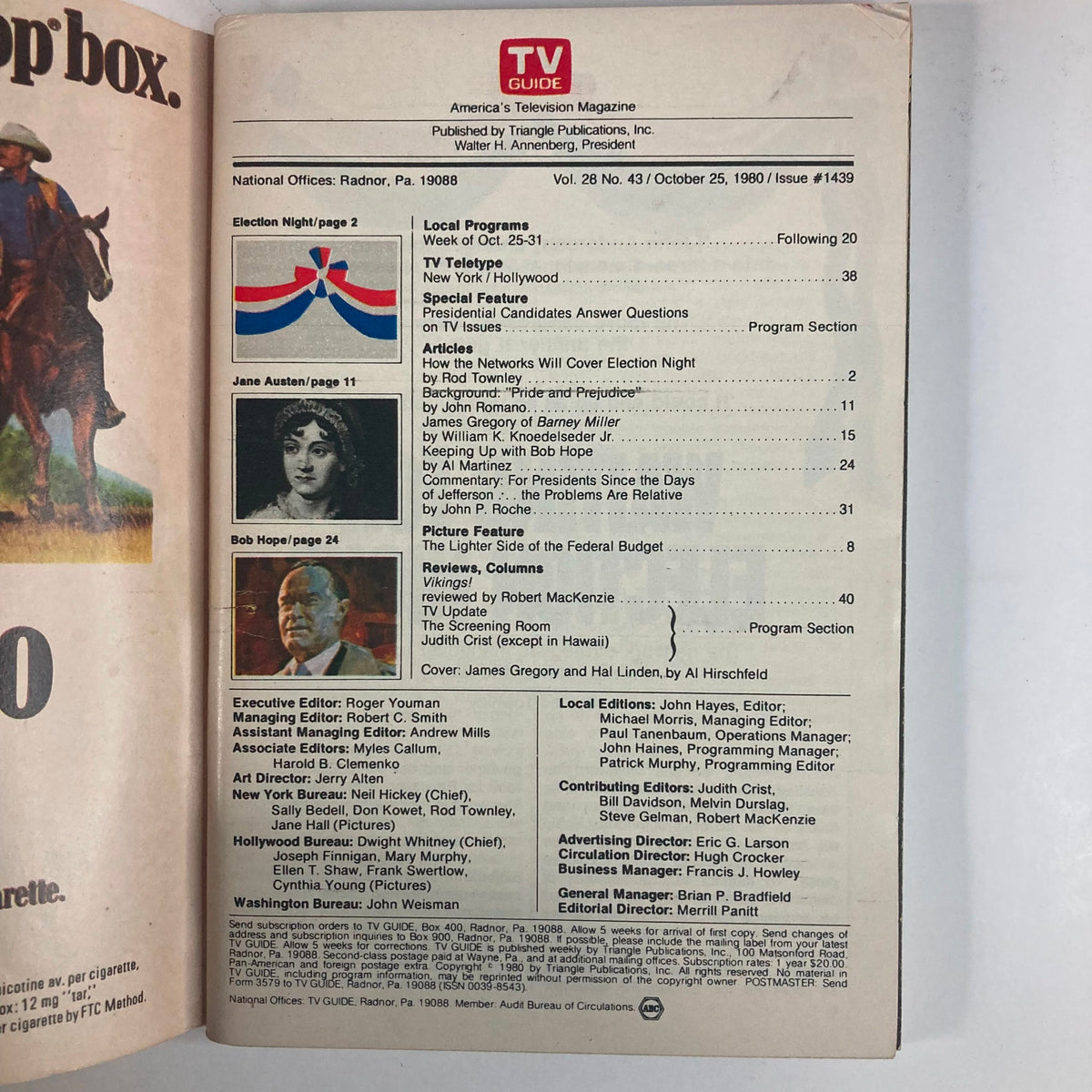 Interior page of TV Guide Magazine dated October 25, 1980, featuring a table of contents showcasing local programs, articles, and features, including a cover image of James Gregory and Hal Linden. This vintage magazine is part of a collectible series highlighting significant television history.