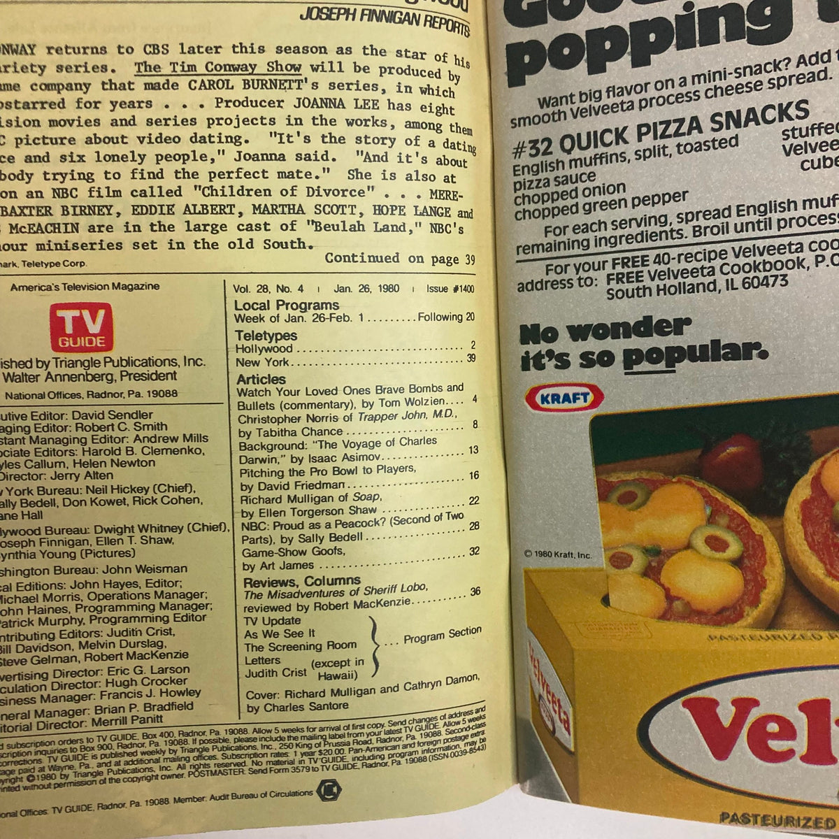Inside page of TV Guide Magazine January 26 1980, issue #1400, showcasing articles and listings related to popular shows of the time, providing a glimpse of television history.
