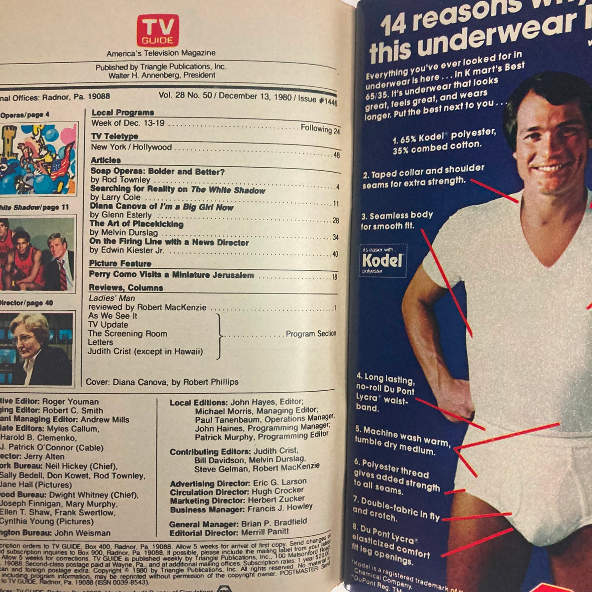 Interior page of TV Guide Magazine December 13 1980 featuring articles and advertisements, highlighting Diana Canova's cover story and program listings.