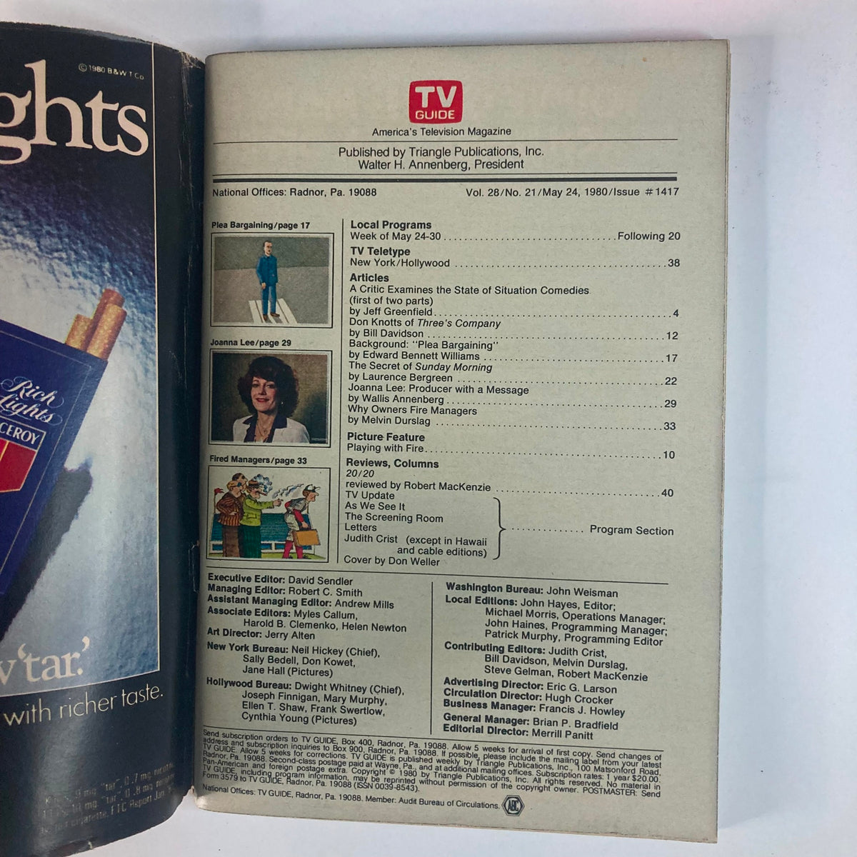 Inside page of TV Guide Magazine May 24 1980 #1417 displaying the table of contents with a list of local programs and articles related to situation comedies of the era.