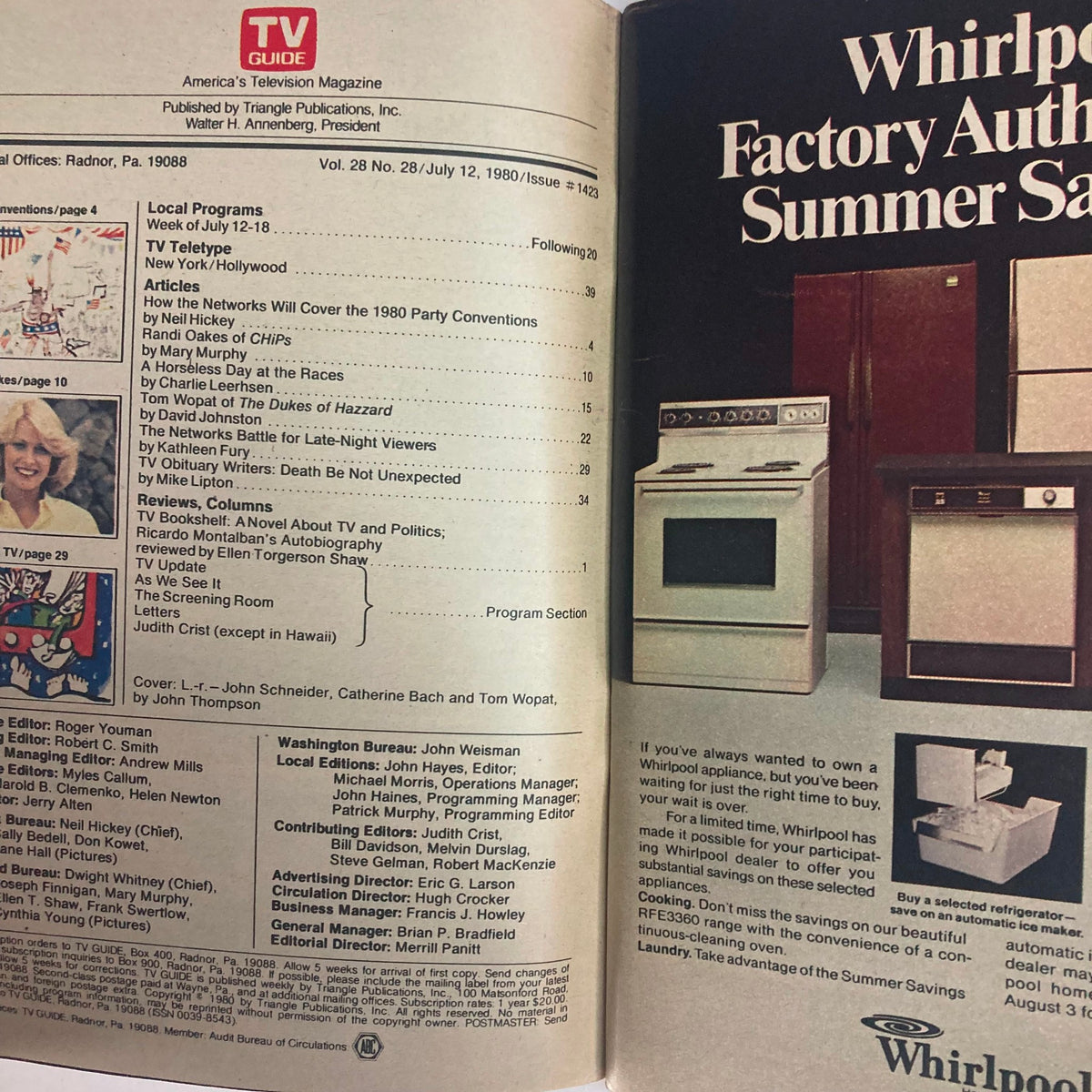 Interior page of TV Guide Magazine July 12 1980 featuring articles and advertisements, including a Whirlpool appliance sale and content listing, showcasing John Schneider and Catherine Bach on the cover.