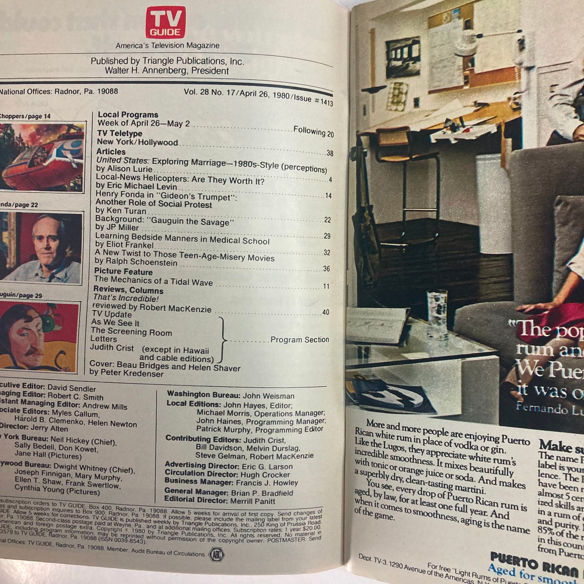 Interior page of TV Guide Magazine April 26 1980, Issue #1413 showcasing articles and program listings, reflecting television trends and entertainment information from that era.