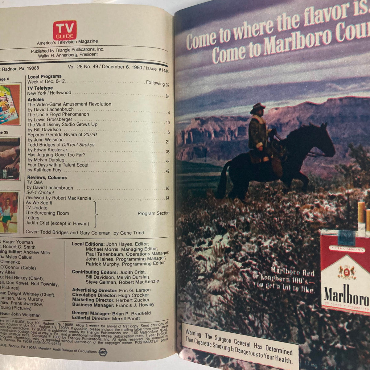 Interior page from TV Guide Magazine, December 6, 1980, issue #1445 featuring Todd Bridges and Gary Coleman, showcasing TV program listings, articles, and an advertisement for Marlboro cigarettes.