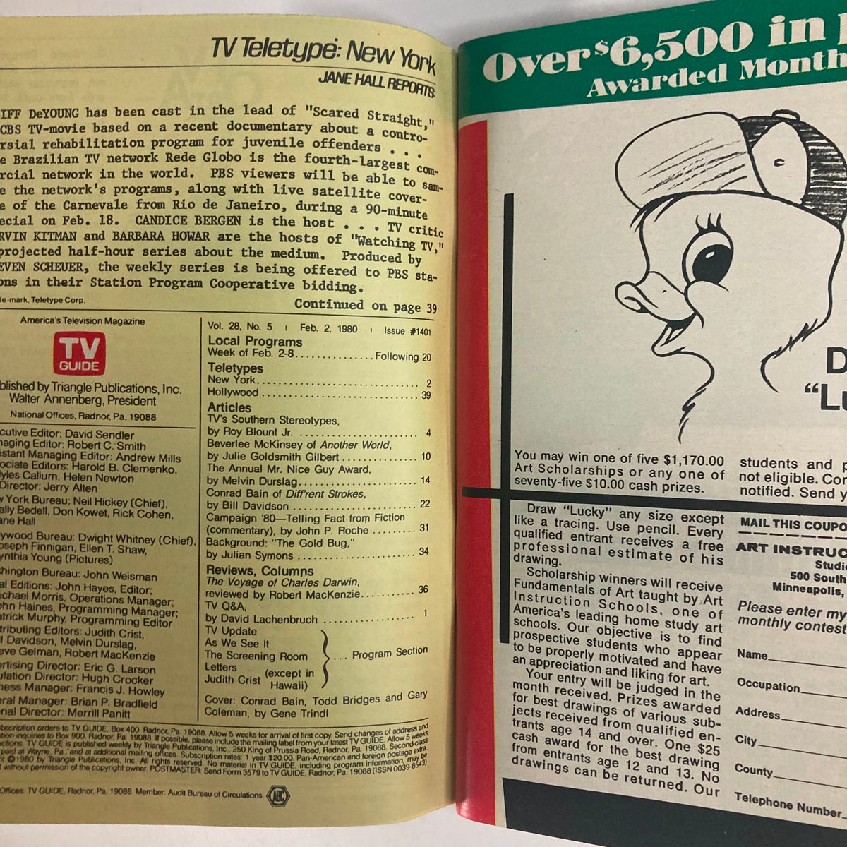 Inside pages of TV Guide Magazine February 2 1980 Issue #1401, highlighting articles and television listings from February 1980, reflecting cultural discussions and notable personalities of the era.