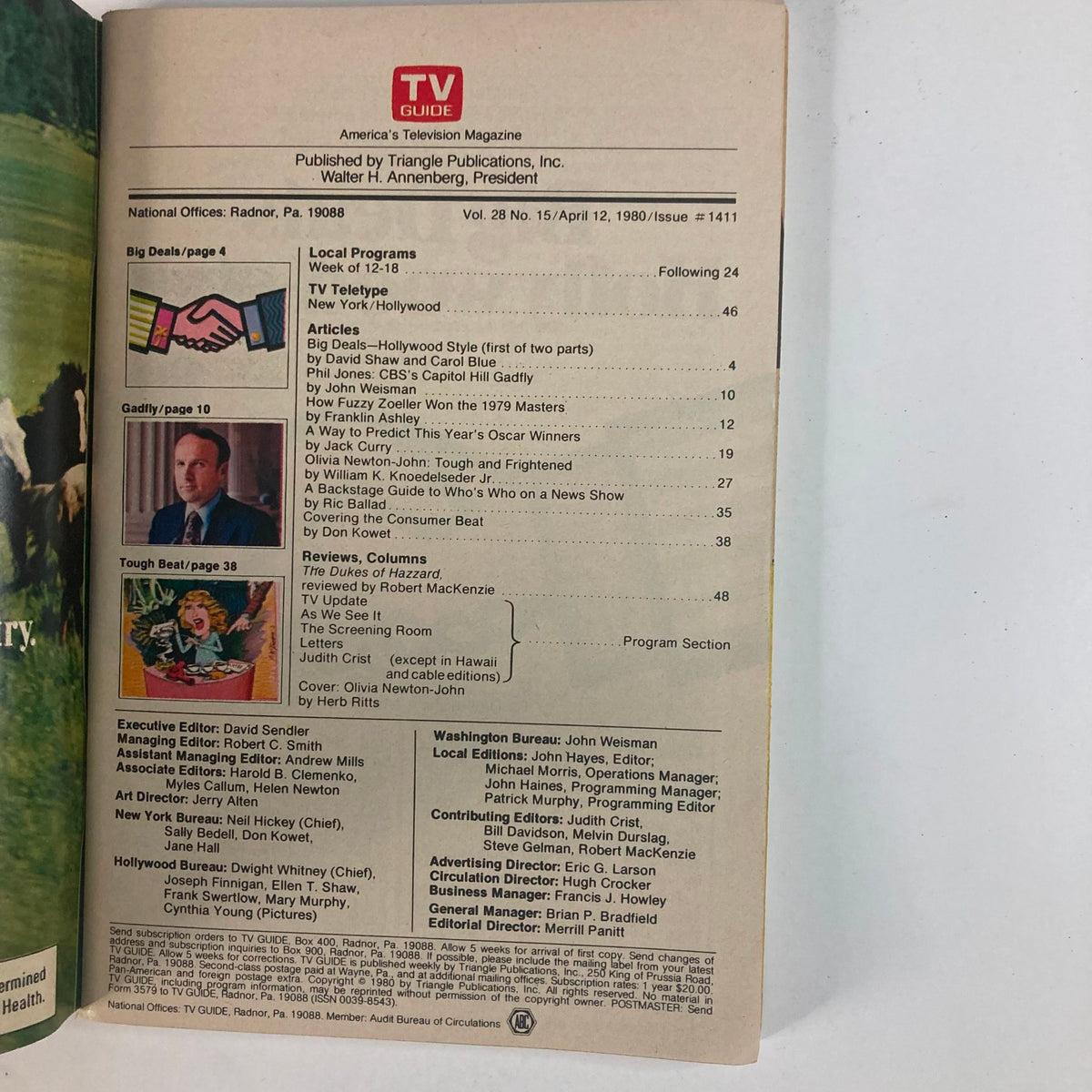 TV Guide Magazine April 12 1980 issue table of contents, including articles and features related to Olivia Newton-John and popular TV shows of the time.