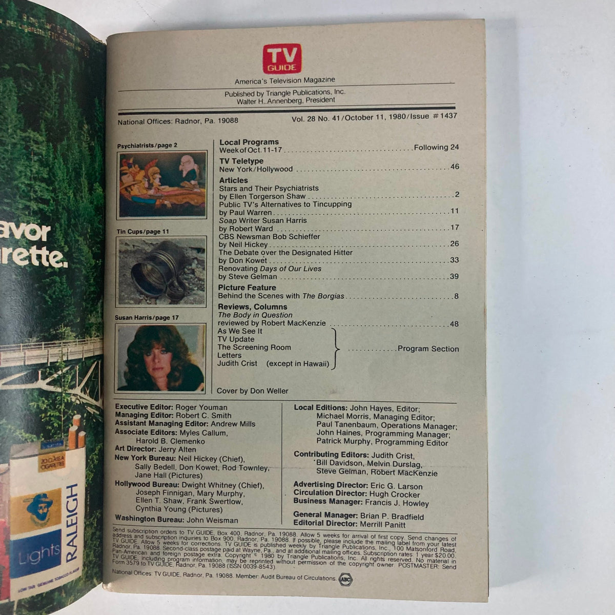 TV Guide Magazine October 11 1980 #1437 showcasing the contents page, featuring articles, local programs, and notable contributors like Roger Youman and Don Weller. This vintage magazine captures significant television history, perfect for collectors.