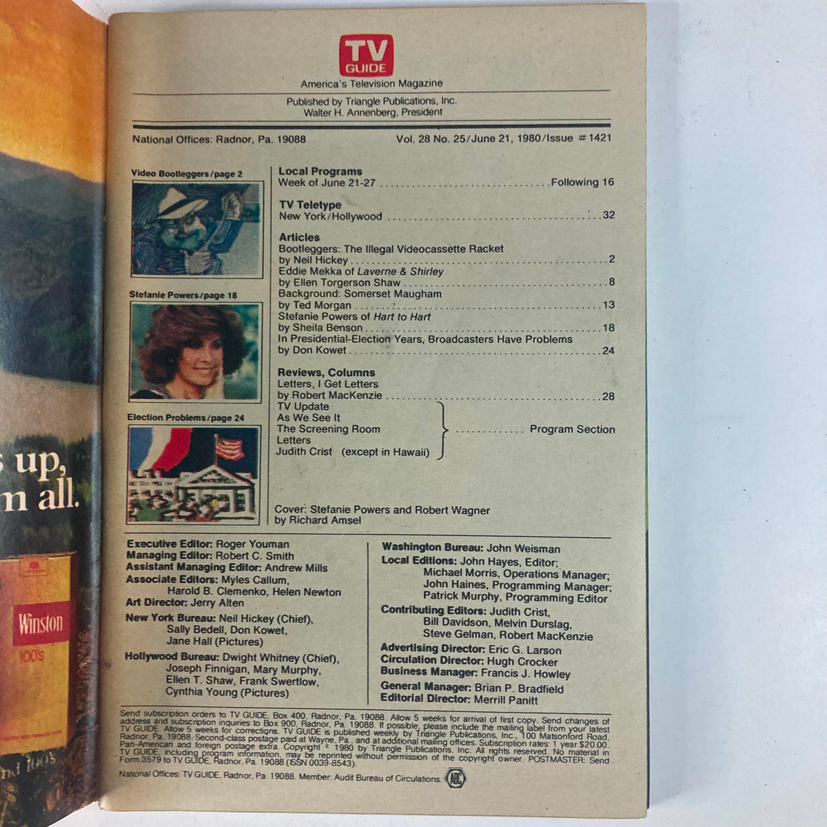 Interior page of TV Guide Magazine June 21 1980, issue #1421, showcasing articles and features about Stefanie Powers and Robert Wagner.