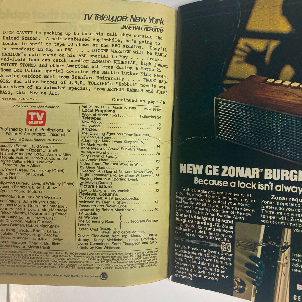 Inside page of TV Guide Magazine March 15 1980 issue #1407, displaying television listings and articles, highlighting pop culture and programming from the late 70s.