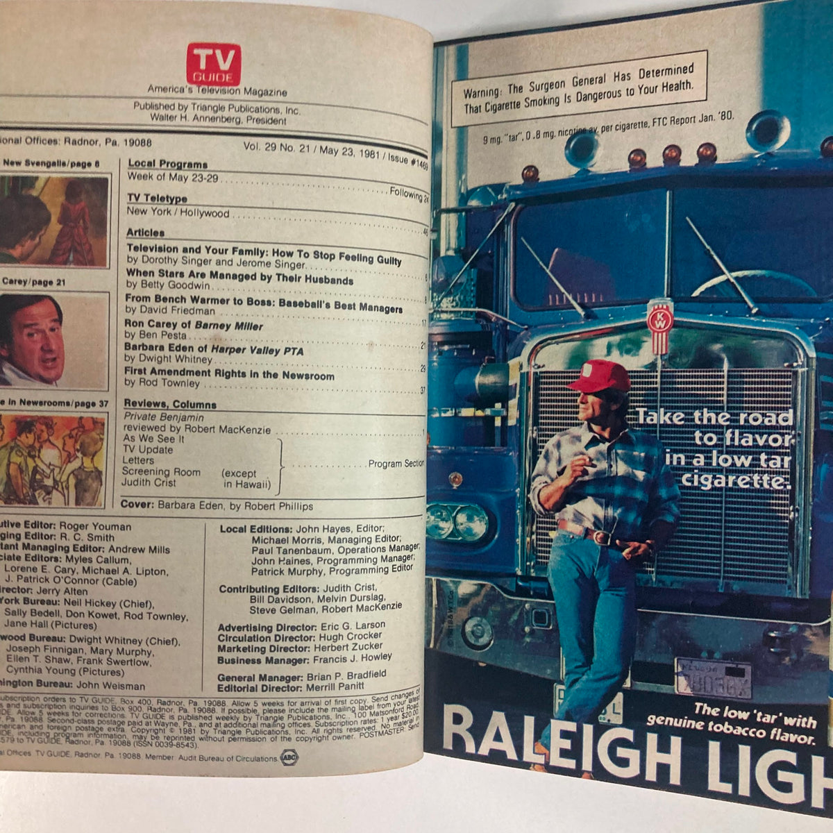 Inside pages of TV Guide Magazine May 23, 1981 showing content details and articles related to television programming from the era.