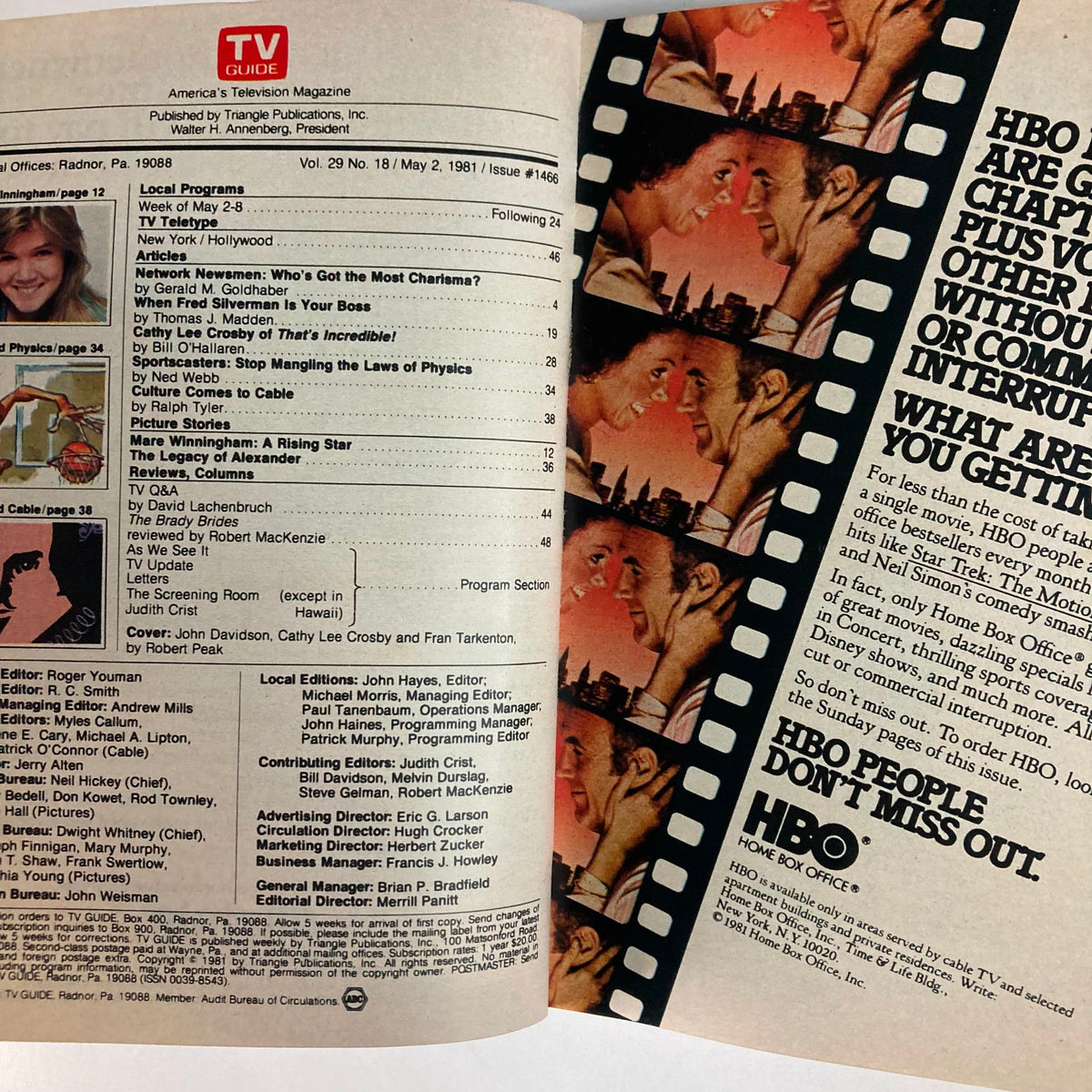 Interior page of TV Guide Magazine May 2, 1981, Issue #1466 featuring articles, TV listings, and information about shows such as HBO programming, along with John Davidson's cover.