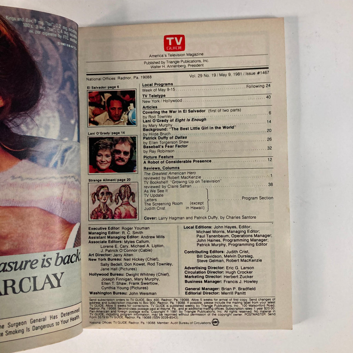 Interior page of TV Guide Magazine May 9, 1981, Issue #1467, displaying a table of contents including articles and local programming details, highlighting Larry Hagman and Patrick Duffy.