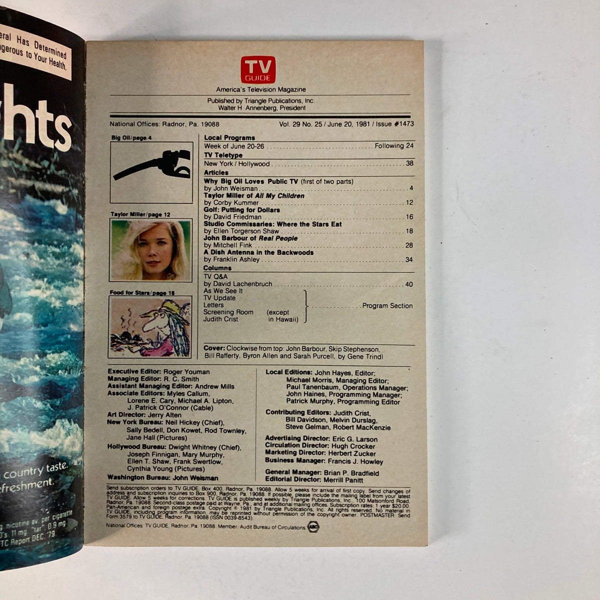 Inside page of TV Guide Magazine June 20 1981 #1473, displaying the contents and articles including features on public television and 'Real People'.
