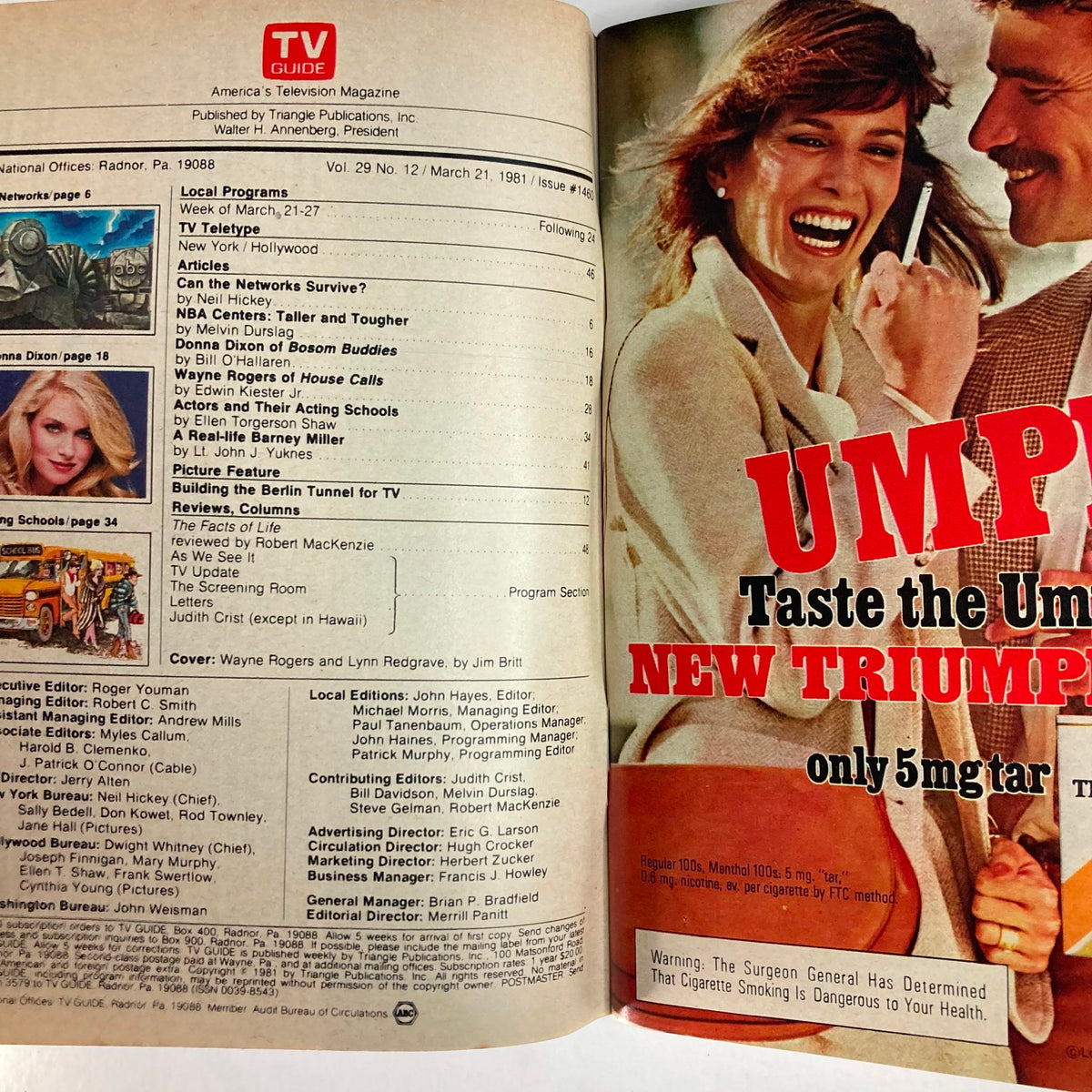 Inside spread of TV Guide Magazine March 21, 1981 #1460 showcasing program listings and articles, including a feature on Wayne Rogers from 'House Calls' and insights into television shows of the era.