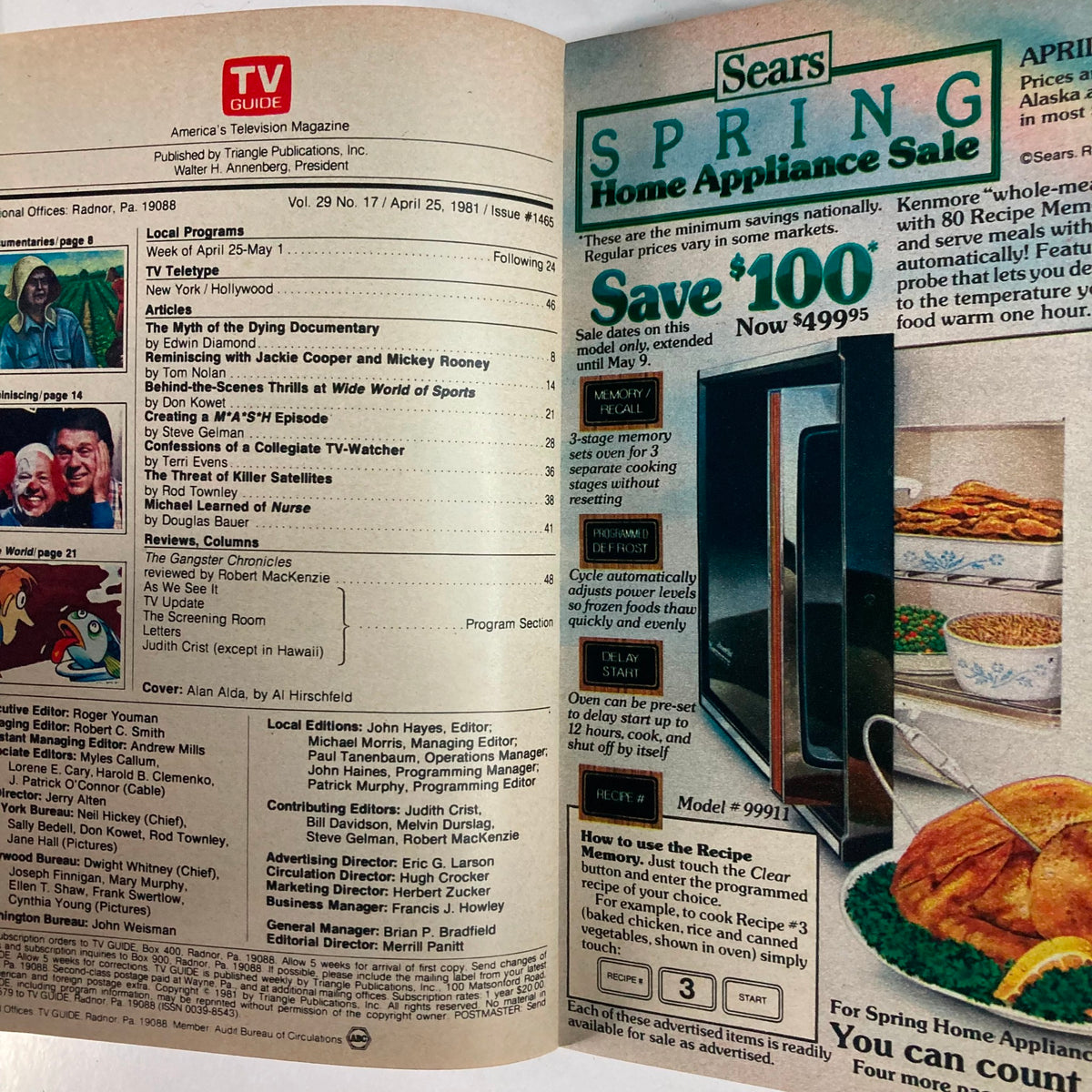 Interior page of TV Guide Magazine April 25 1981 #1465 displaying the magazine's content list and articles, including features on Alan Alda and various television shows from the early 1980s.
