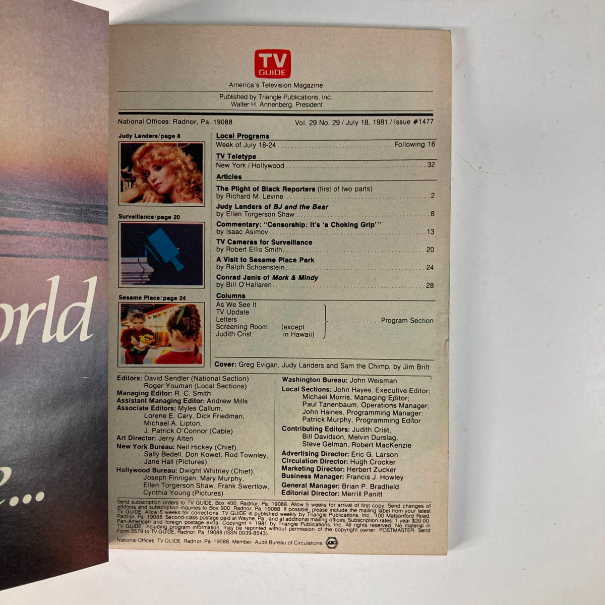 Back cover of TV Guide Magazine July 18, 1981, showcasing article listings and features, highlighting the significance of BJ and the Bear.