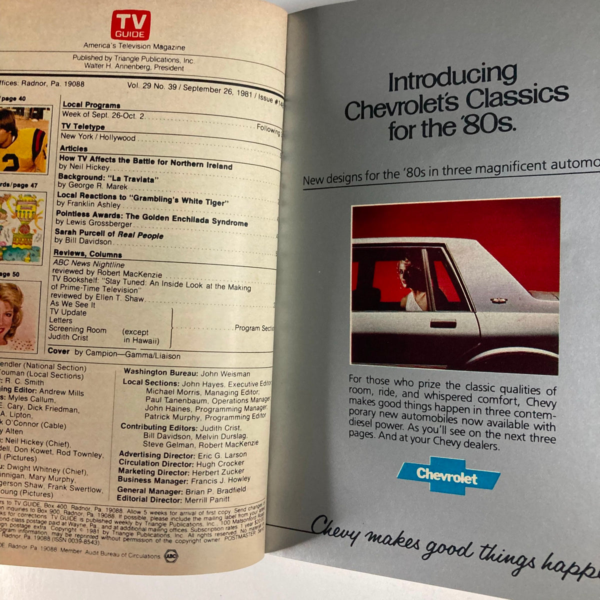 Interior page of TV Guide Magazine September 26, 1981 featuring various articles including 'How TV Affects the Battle for Northern Ireland', displaying a comprehensive overview of television programming and advertisements from the early 1980s.