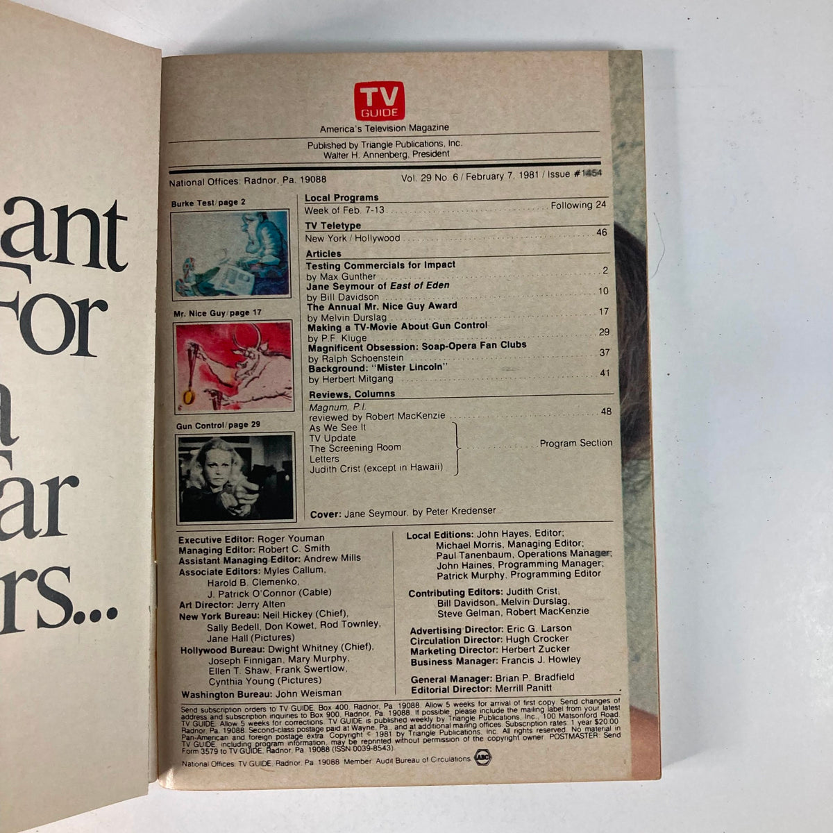 Inside page of TV Guide Magazine February 7 1981, Issue #1454 displaying the table of contents and article previews, showcasing features including Jane Seymour's role in East of Eden and articles on local programs.