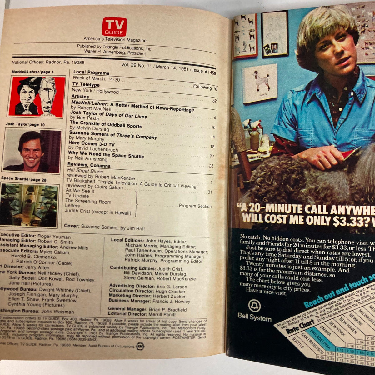 Inside page of TV Guide Magazine March 14 1981 #1459, displaying the table of contents with features and articles, including insights on local programming and a piece by Suzanne Somers.