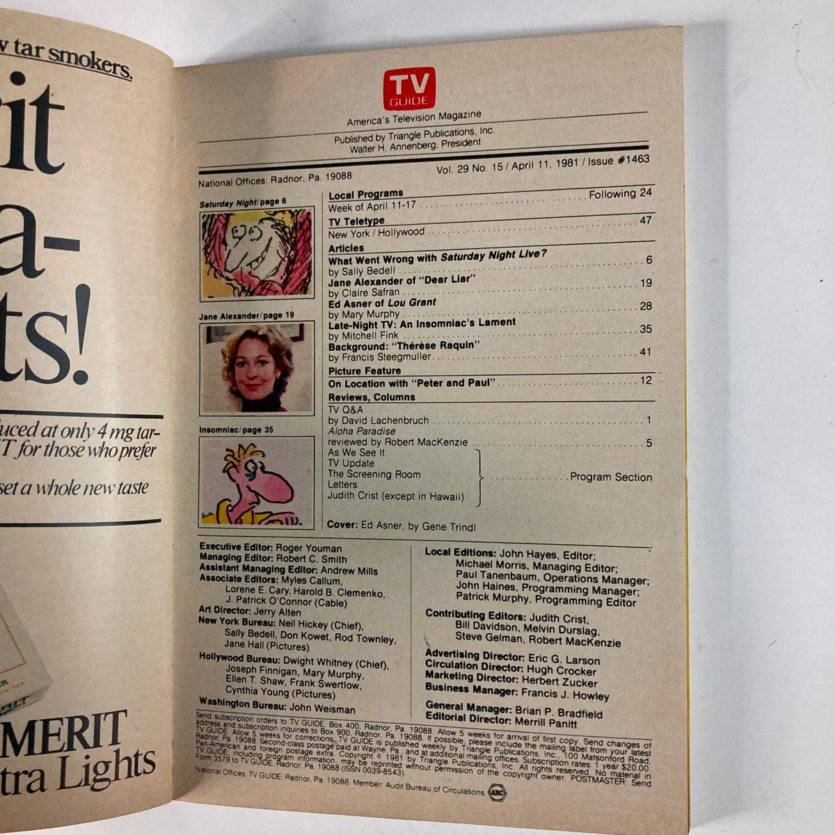 Interior page of TV Guide Magazine April 11 1981 #1463 displaying program listings and articles including Ed Asner's feature on the show Lou Grant.