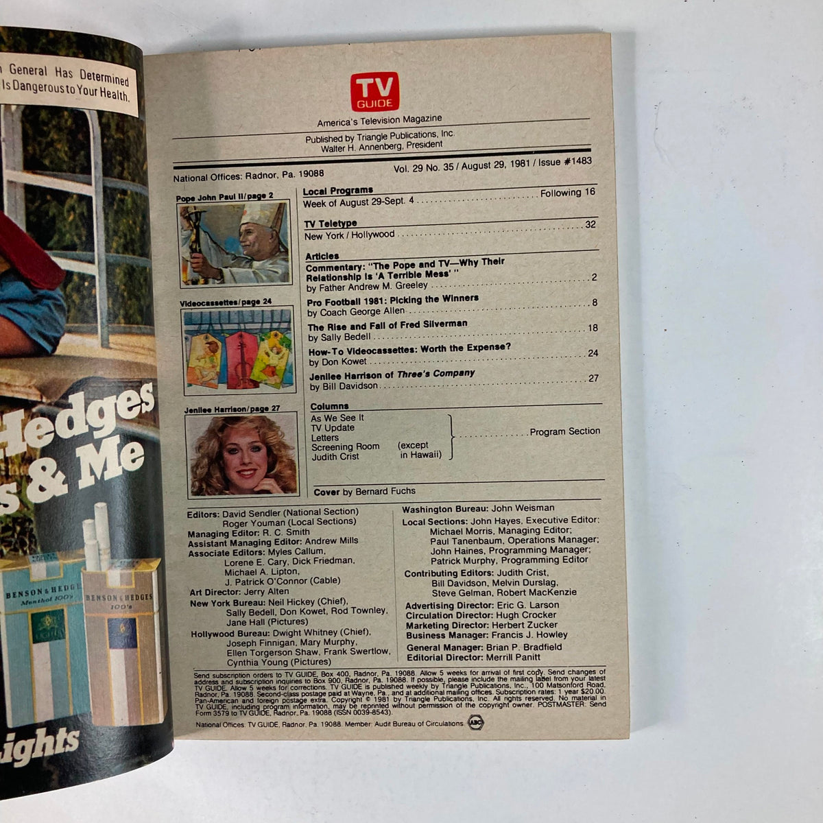 Inside page of TV Guide Magazine August 29 1981, Issue #1483, showcasing the table of contents with articles including commentary by Father Andrew Greeley and insights from Coach George Allen on football.