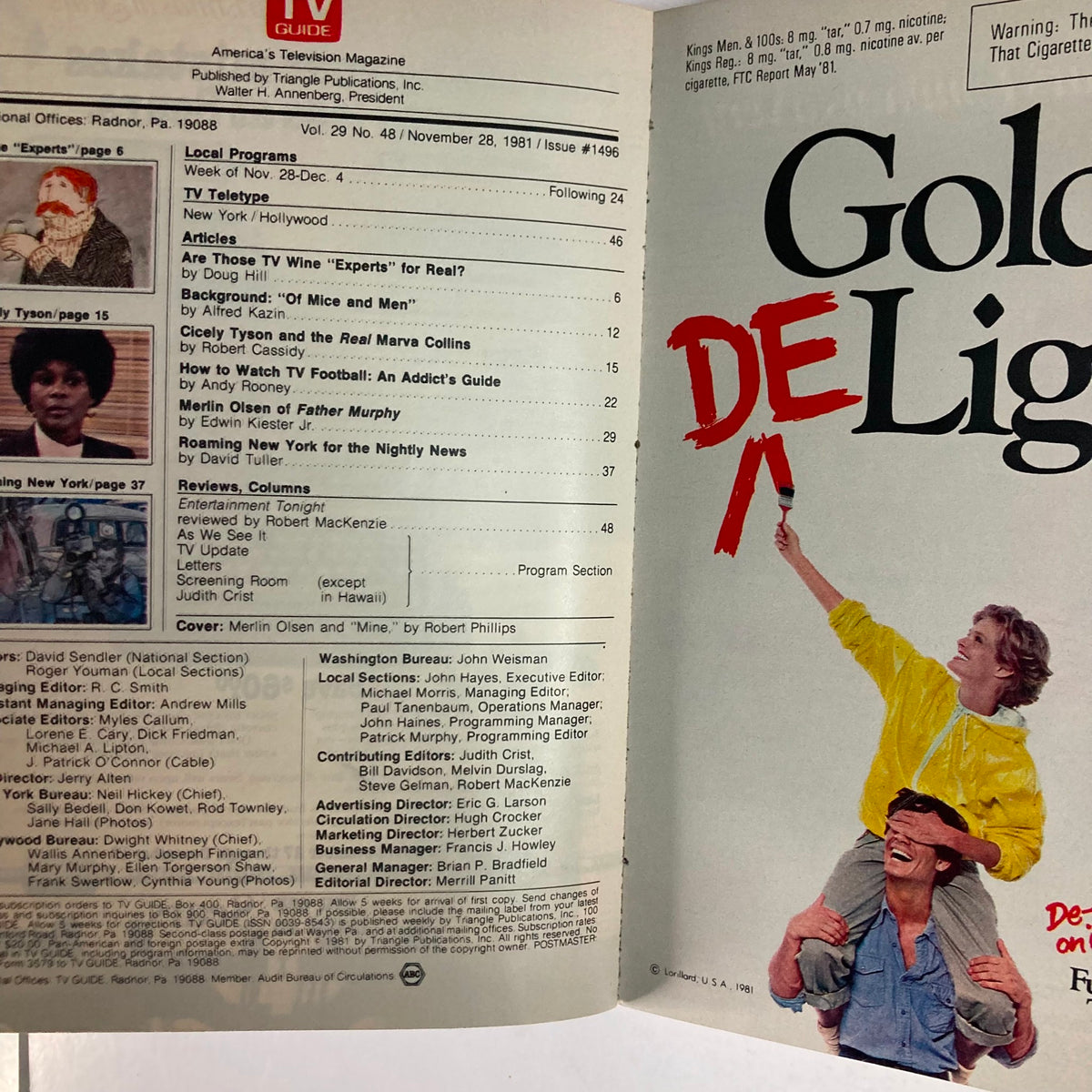 Inside view of TV Guide Magazine November 28, 1981, issue #1496 displaying the table of contents with highlights including Merlin Olsen in 'Father Murphy' and other TV show features.